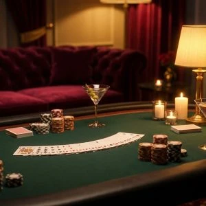 Ein Casinotisch mit Karten und Jetons.